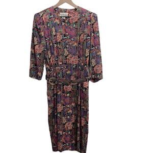 Vintage Floral Maxi Dress size 10 Whimsigoth Floral Multicolor Belted 3/4 Slv